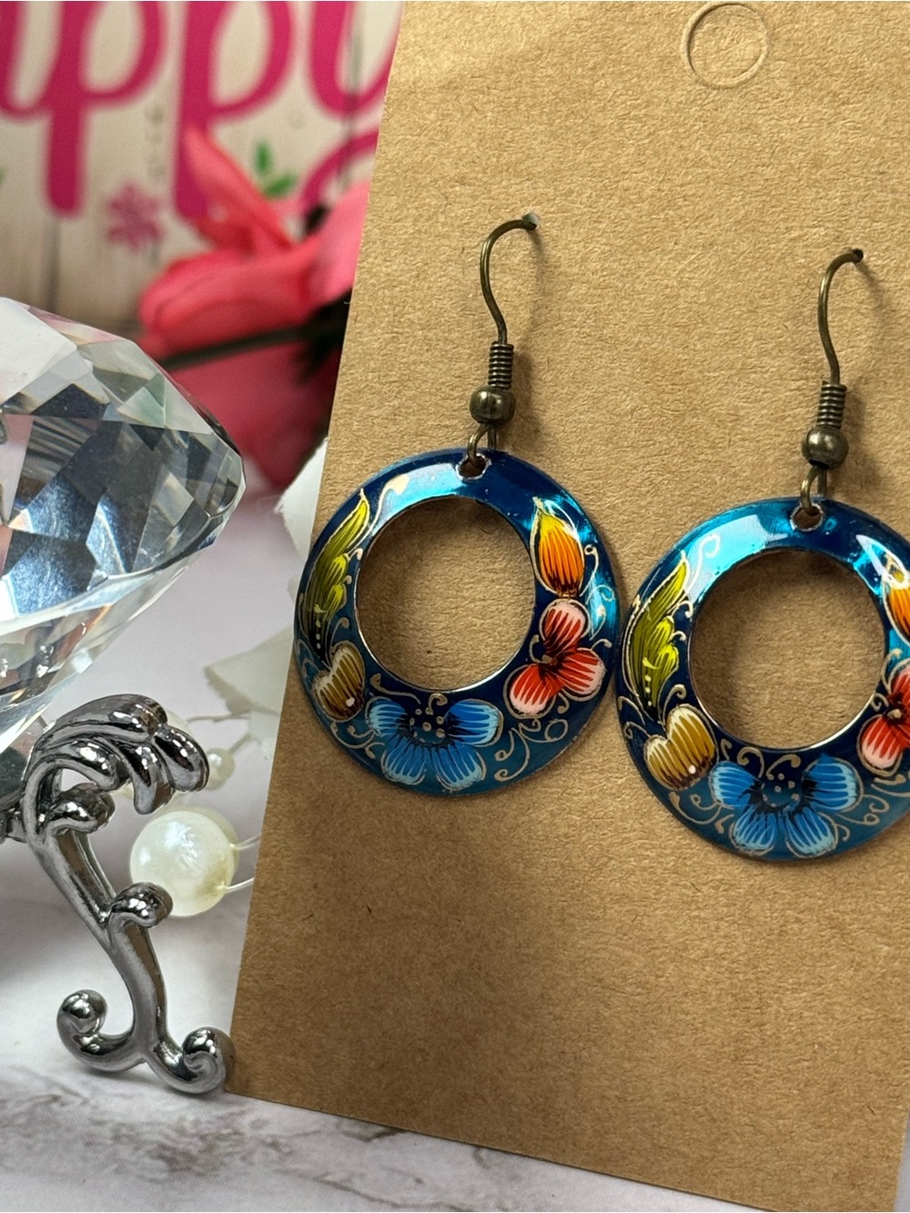 Hand-Painted Blue Floral Hoop Earrings - Women Jewelry